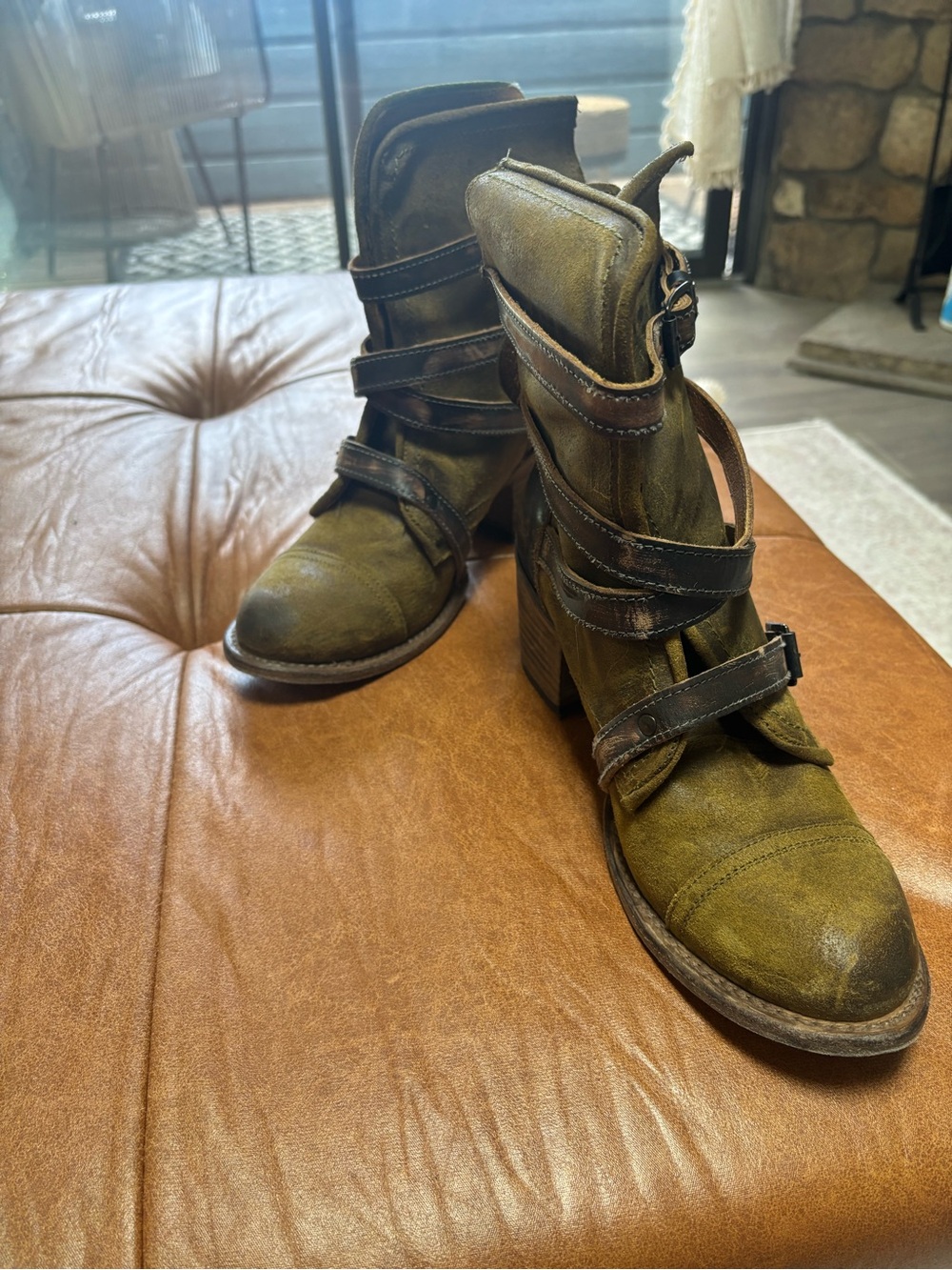 Olive Green Suede Strappy Boots